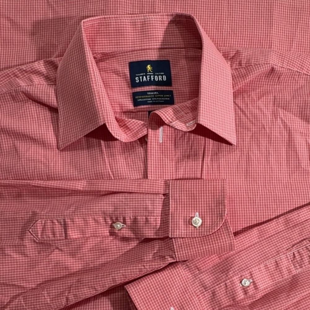 Stafford Mens 15 1/2 32-33 Button Up Dress Shirt Pink White Plaid Long Sleeve - Picture 2 of 8